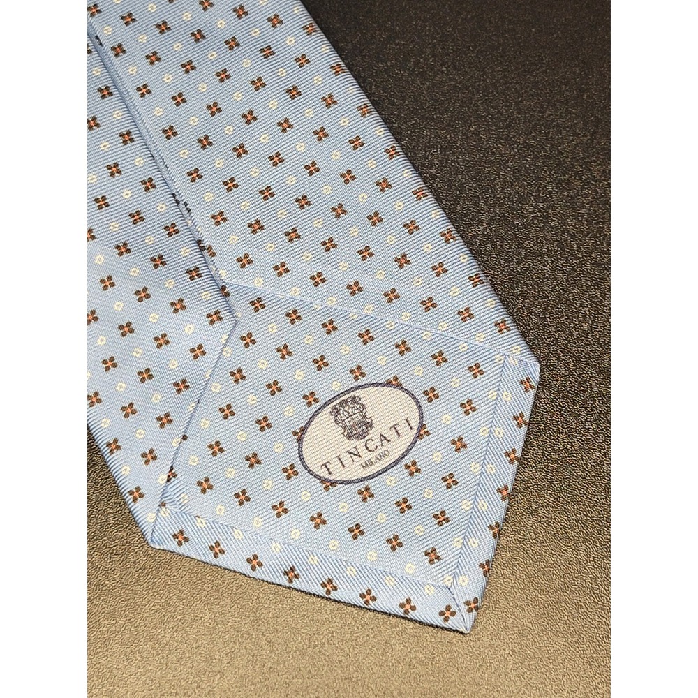 Tincati Milano Tie Blue Geometric Floral 100% Silk Seven Fold Italy Excellent